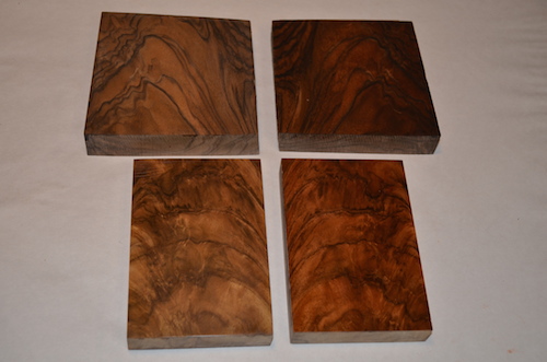 (4) The two French Walnut blocks on the left are natural tone with a clear finish. The two on the right have a red/brown stain and finish applied.